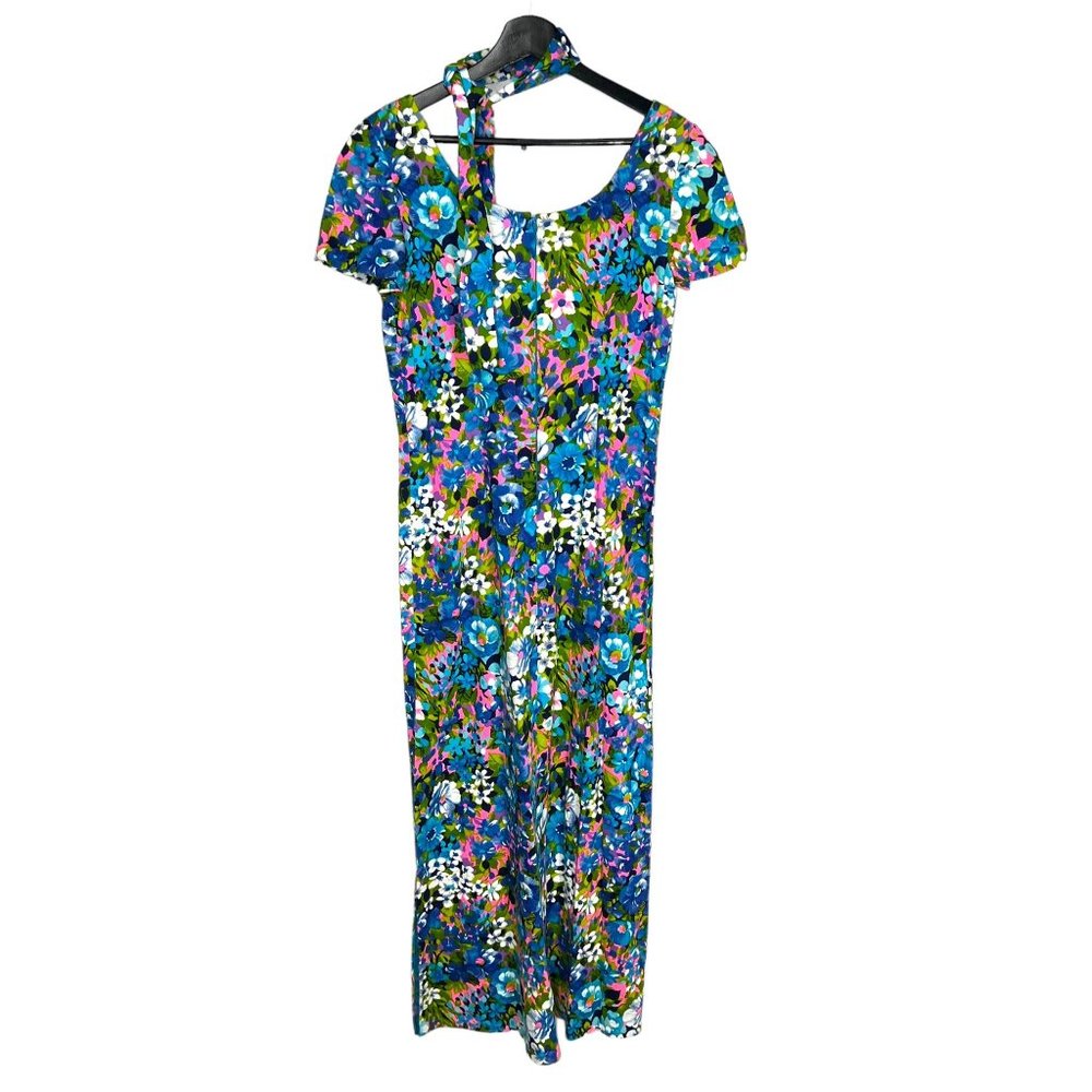 Vintage 60s Handmade Barkcloth Blue Floral Short Sleeve Full Length Dress Medium - Picture 4 of 9